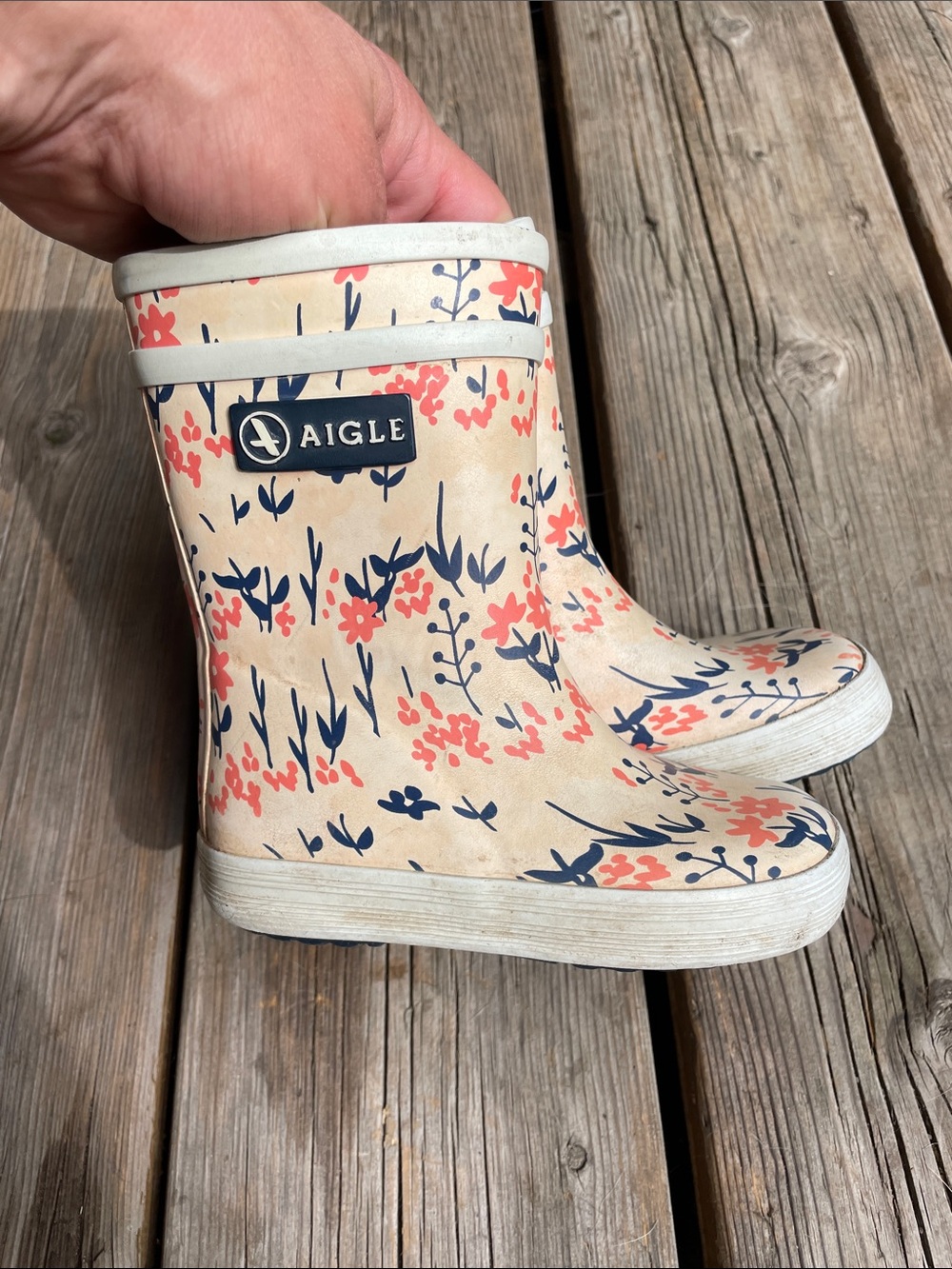 AIGLE 6T Cream Rain Boots with Coral Floral & Navy Accents EU 22